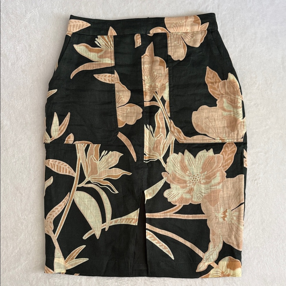Reiss | Jackson Linen Floral Front Slit Knee Length Pencil Skirt Pockets (4)